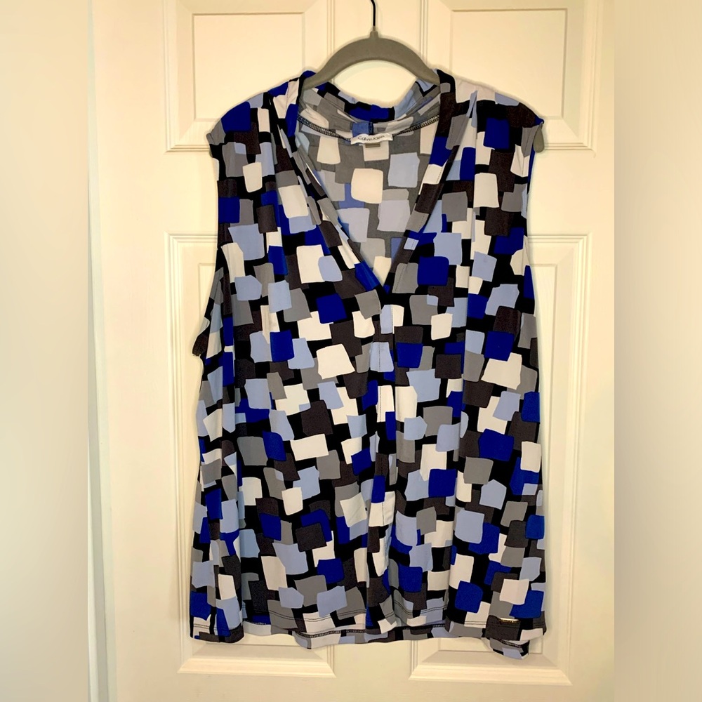 Calvin Klein Blue, Black and White V Neck Block Print